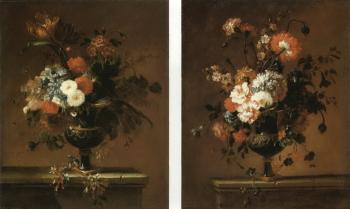 Carnations and other flowers in urn. Parrot tulip and other flowers in urn by 
																	Jacques-Charles Dutillieu