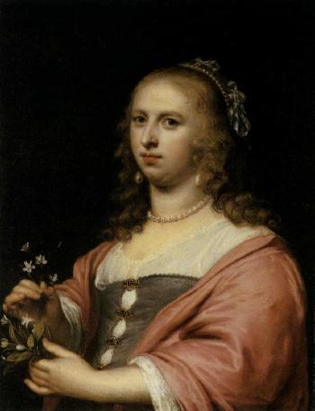 Portrait of a lady, holding a bouquet of narcissi by 
																	Jan van Nieuwael