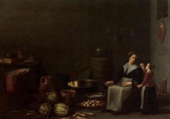 Scullery maid and her child in a kitchen interior by 
																	F Kamp