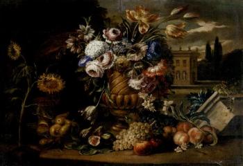 Flowers in an urn with fruit, a villa beyond by 
																	Jacobus Ruffo