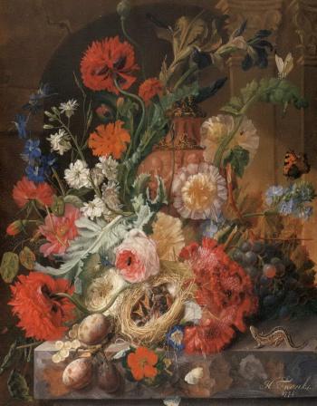 Irises, peonies, roses and other flowers surrounding a terracotta urn, with bird's nest by 
																	Johannes Hendrik Fredriks