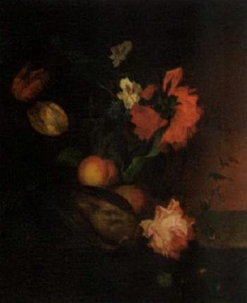 Summer flowers in vase with peaches by 
																	Mexy Aegheyier