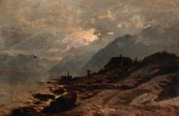 Figures near the rocky shore of fjord by 
																	Christian Rummelhoff