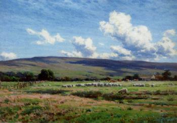 Clouds shadow on the fell, Hornby. Sheep grazing Lune Valley, Hornby by 
																	Reginald Aspinwall