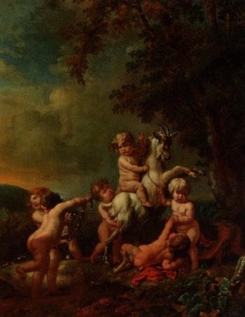 Putti and a faun cavorting with a goat by 
																	Jan van Neck