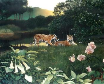 Tigers in a garden by 
																	Penelope Fulljames