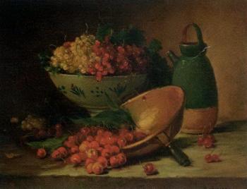 Grapes in a basket with a dish of peaches, coffee pot and wine flask on a table by 
																			 Morain