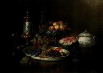 Grapes, plums, peaches and a melon on a table with bowls, bottle and glass by 
																	A Redtwitz