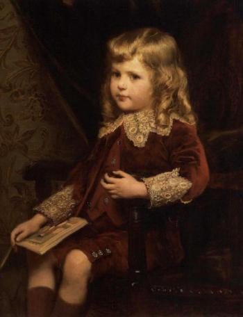 Portrait of a young boy, in a red velvet suit, holding a book by 
																	Alfred Edward Emslie