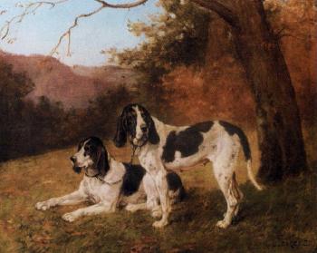 Two hounds in a wooded landscape by 
																	Louis Darey