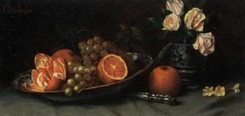 Grapes and oranges in a bowl with a vase of roses by 
																	Emile Carabain