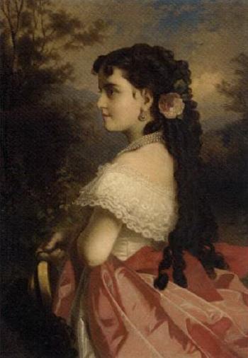 Portrait of a lady, standing in a landscape by 
																	L Frossard