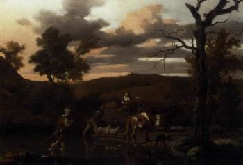 River landscape with herdsmen, livestock and a cart by 
																	Isaack Croonenbergh