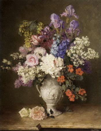 Summer flowers in an ornamental urn by 
																	Anton Wrabetz