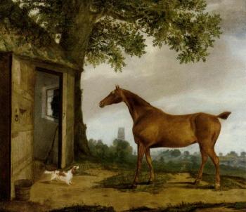 Chestnut hunter and spaniel before a stable by 
																	George B Newmarch