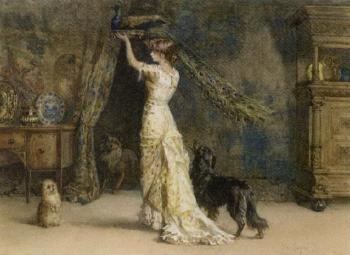 Lady standing in an interior, holding a peacock, with two dogs by 
																	Percy Macquoid