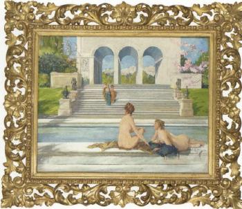 Maidens relaxing by a pool in an Arcadian landscape by 
																	Charles H Duckett