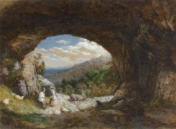 Figures at the entrance to a cave, an extesive landscape beyond by 
																	Bradford Rudge