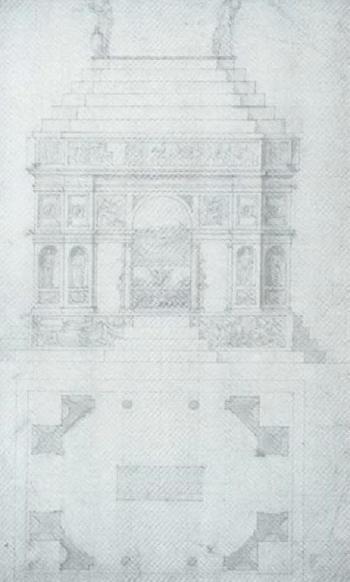 Elevation and ground plan of the tomb of Pietro de'Medici by 
																	Antonio da Sangallo