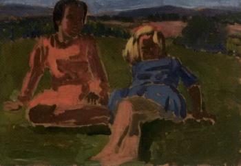 Two seated girls in a meadow by 
																	Frank Dobson