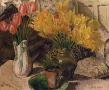 Still life of two jugs with tulips and daffodils and pansy in a pot to the side by 
																	Noel Adney