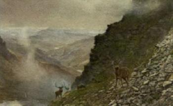 Stags in a highland landscape by 
																	Andrew Scott Rankin