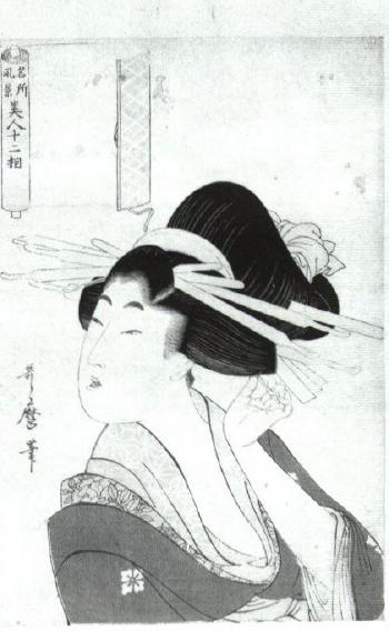 Bust portrait of a bijin adjusting hairpin by 
																	 Utamaro
