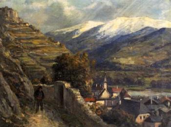 Walker with view of village by 
																	Michael Ruppe