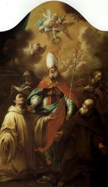 Bishop saint with four Saints by 
																	Giuseppe Varotti