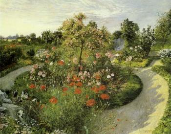 Garden with poppies, roses and other blossoms by 
																	Hans Hansen