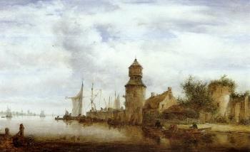 Village by river, tower and boats by 
																	Cornelis van Noorde