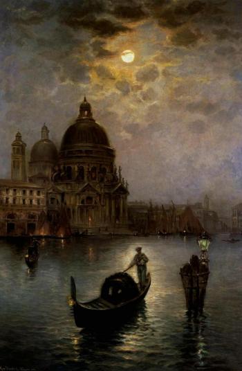 View over the moonlit Canal Grande to Santa Maria della Salute Church by 
																	Max Usadel