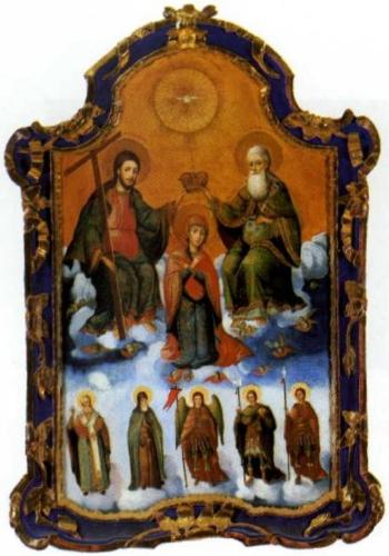 An icone of the coronation of the Mother of God, with four Saints and Archangels by 
																	 Ukraine School