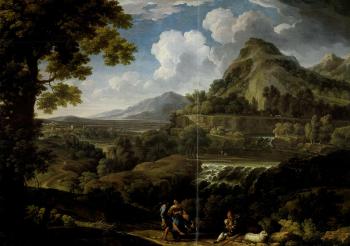 Extensive wooded landscape with stream and figures by 
																	Crescenzio Onofri