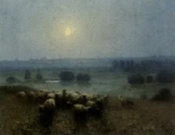 Flock of sheep in evening light by 
																	Alfred Harley