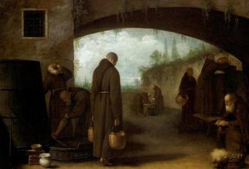 Friars working in the courtyard of a monastery by 
																	Giovanni Faccioli