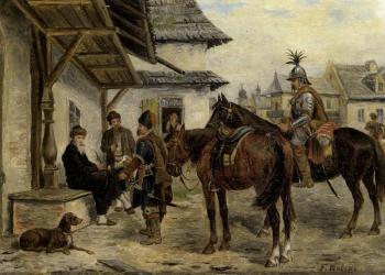 Village with resting riders by 
																	F Walski