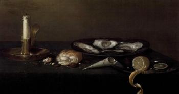 Still life with oysters, lemon on pewter plate, olives, bread by 
																			Franchoys Elout