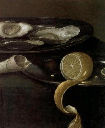 Still life with oysters, lemon on pewter plate, olives, bread by 
																			Franchoys Elout