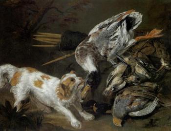 Hunting still life with game birds and dog by 
																	Franz Cuyck van Mierhop