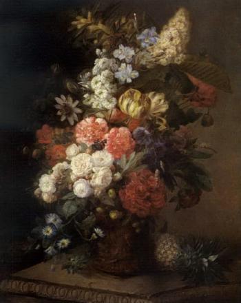 Large bunch of flowers with butterflies and pineapple by 
																	Marie Theophile Voitellier