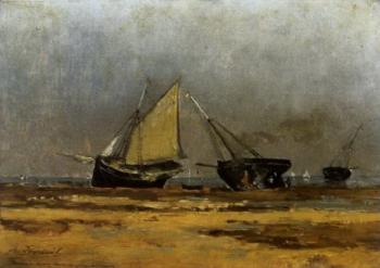 Fishing boats on beach by 
																	Louis-Adrien Jourdeuil