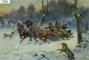 Troika with three seated hunters, one with a rifle, and wolfhounds by 
																	Mieczyslaw Krzyzak