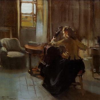 Interior with woman playing the cello by 
																	Salvador Tuset Tuset
