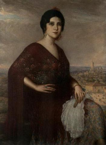 Female portrait with Toledo in the background by 
																	Ramon Palmarola Romeu