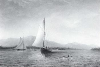 Hudson River scene with two sloops and a dory in foreground by 
																	Andrew Baldwin