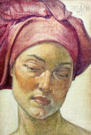 Woman with a red head scarf by 
																	Alexander Rosenfeld