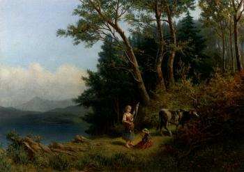 Landscape with peasants and cows by 
																	Rinaldo Saporiti