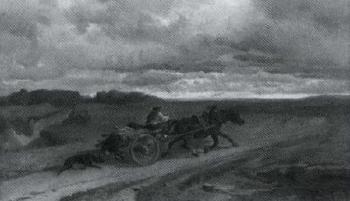 Peasant on horse-cart racing through bare landscape by 
																	Friedrich Salzer