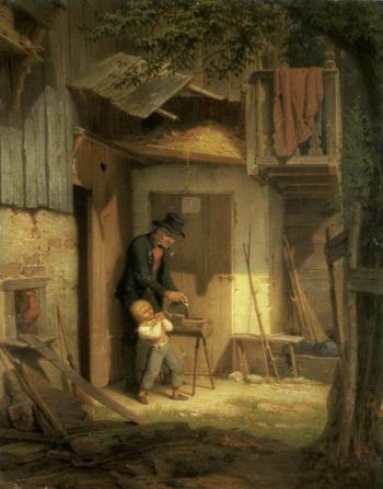 Man and child sharpening knives outside farmstead by 
																	Adolf Karst